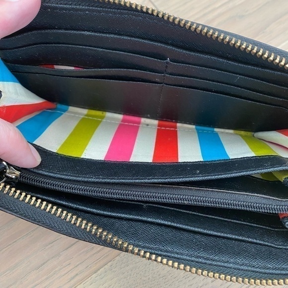 Kate Spade Black Large Continental Zip Around Colorful Striped Interior Wallet - Picture 10 of 16